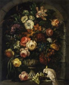 A Still Life With Flowers, Grapes And A Parrot In A Stone Niche