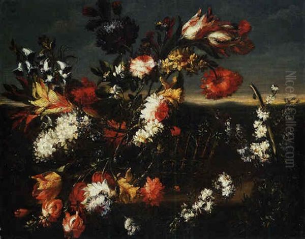A Basket Of Tulips, Carnations, Roses And Other Flowers In A Landscape - view 1