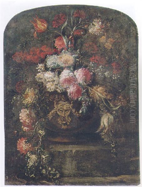 Still Life Of Flowers In A Stone Urn Upon A Ledge - view 1