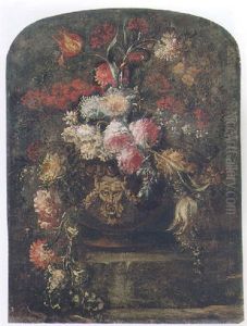 Still Life Of Flowers In A Stone Urn Upon A Ledge by Margherita Caffi