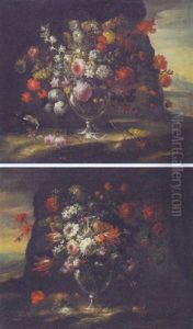 Flowers In A Glass Vase In A Landscape by Margherita Caffi