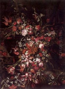 Blumenstilleben Mit Rosen, Tulpen, Nelken Und Andere Bluten In Einer Balustervase Auf Einer Tischplatte by Margherita Caffi