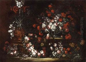 Flowers In A Terracotta Vase And An Urn On Stone Ledges With Garlands And Posies Of Flowers Nearby