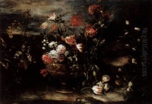 A Still Life Of Various Flowers In An Ormolu Vase, In A Landscape With Other Plants A Still Life Of Various Flowers In An Ormolu Vase, In A Landscape With Other Plants