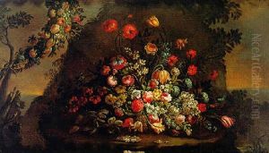 Bouquet De Fleurs Devant Un Paysage by Margherita Caffi