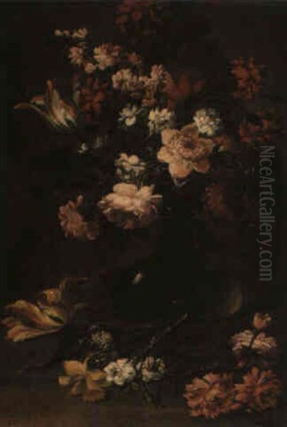 Still Life Of Flowers In A Glass Vase Surrounded By Cut Flowers - view 1