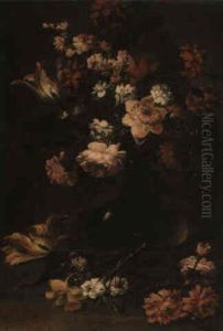 Still Life Of Flowers In A Glass Vase Surrounded By Cut Flowers by Margherita Caffi