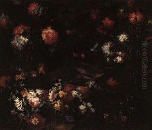 Peonies, Carnations, Tulips, Roses And Other Flowers In A Stone Jardiniere