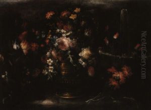 Still Life Of Flowers On A Stone Ledge With An Ornamental Fountain Beyond by Margherita Caffi
