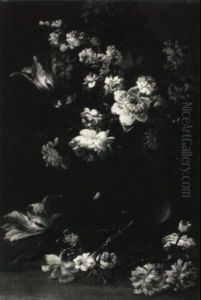 Still Life Of Flowers In A Glass Vase by Margherita Caffi