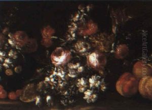 Still Life Of Flowers And Fruit On A Ledge