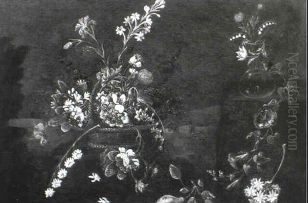 Still Lives Of Flowers In Wicker Baskets And Glass Vases - view 1