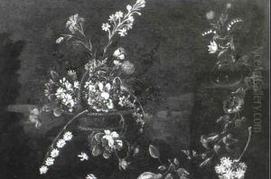 Still Lives Of Flowers In Wicker Baskets And Glass Vases