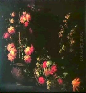 Still Life Of Flowers In An Urn And A Basket by Margherita Caffi