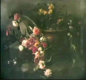 Roses, Tulips, Pivoines Et Autres Fleurs Garnissant Un Pot Et Un Vase Devant Un Plat Renverse by Margherita Caffi