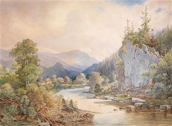Landschaft Mit Einem Felsen Ambach Und Angler - view 1