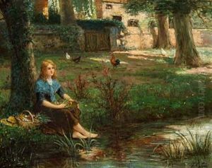 Young Girl Taking A Rest On The Bank Of A Stream by Hector Caffieri