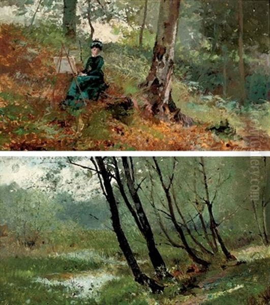 A Lady Artist In A Wood (+ A Wooded River Landscape; Pair) - view 1