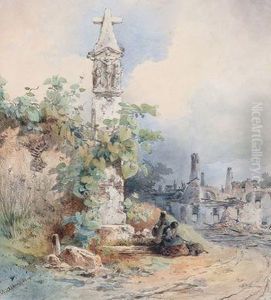 Frau Und Kind Am Wegkreuz by Anton Ii Altmann