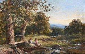 At Gomshall, Surrey, Young Men Fishing At A Riverside, Before A Landscape