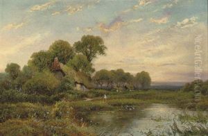 A Young Girl On A Country Path (+ A Figure Before A Pool, A Cottage Beyond; Pair) by Walter Wallor Caffyn