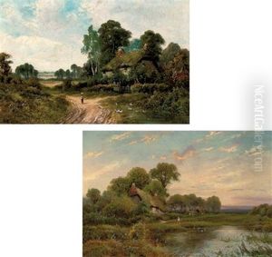 Young Girl On A Country Path Before A Cottage (+ A Figure Before A Pool, A Cottage Beyond; Pair) by Walter Wallor Caffyn