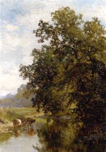 Cattle Watering On The River Mile, Surrey by Walter Wallor Caffyn