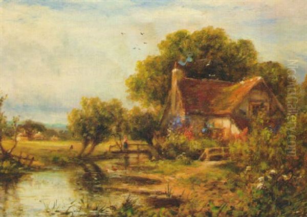 A Figure On A Bridge Before A Cottage, A Duckpond In The Foreground - view 1