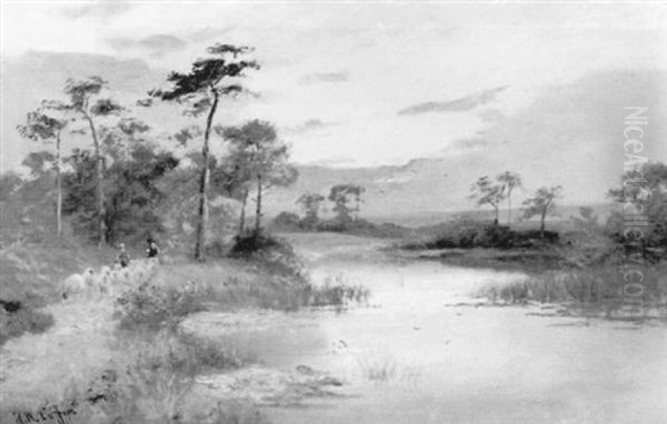 River Landscape With Sheperds And Flock - view 1