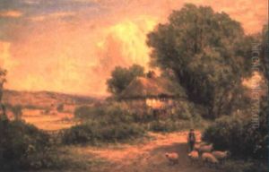 Shepherd And Flock By A Thatched Cottage