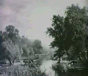 Extensive Riverscape With Cattle Watering And Sheep Grazing