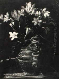 Flowers In A Straw Covered Flask Flowers In A Straw Covered Flask