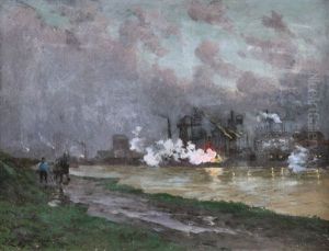 Paysage Pres D'un Cour D'eau Et Usines Pres D'un Cour D'eau (2 Works) by Emile Cagniart