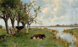 Cows Beneath A Group Of Trees By The Water by Gerard Altmann