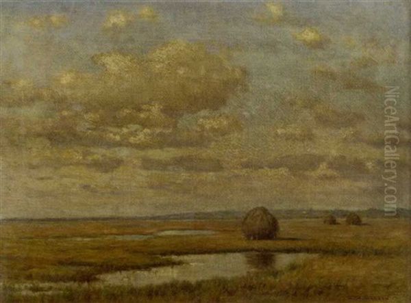 Marsh Scene With Hay Stacks - view 1