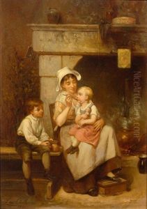 A Mother And Her Children Before A Fire by Leon Emile Caille