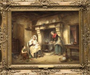 Familienszene In Einem Landlichen Kucheninterieur by Leon Emile Caille