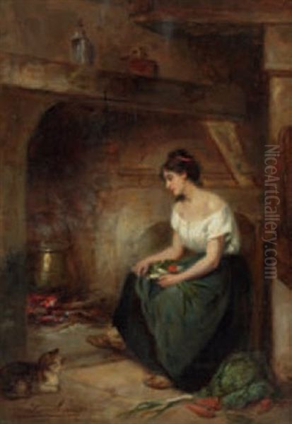 Femme Et Chat A Cote Du Foyer - view 1