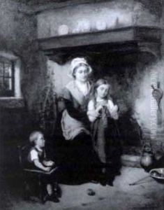 Interior Scene With Woman And Children by Leon Emile Caille