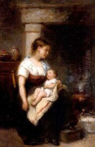 Mere Et Enfant Devant L'atre by Leon Emile Caille