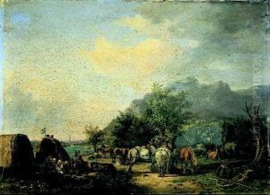 Paesaggio Fluviale Con Cavalli E Figure A Riposo by Karl Altmann