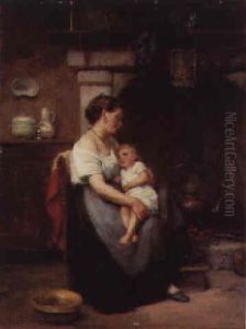 Mother Ans Child Before The Kitchen Fire by Leon Emile Caille