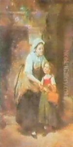 Mother And Child In Front Of A Fireplace by Leon Emile Caille