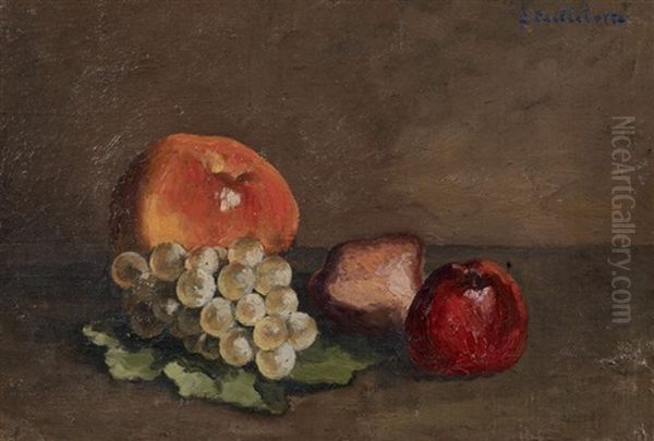 Nature Morte, Peches, Pommes Et Raisins Sur Une Feuille De Vigne - view 1