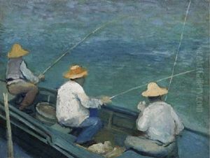 Trois Pecheurs En Barque by Gustave Caillebotte