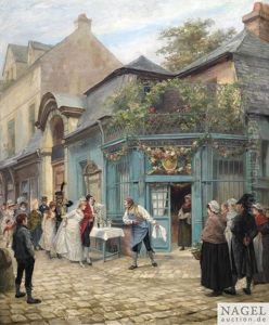 In Der Altstadt Wird Eine Hochzeitsgesellschaft Vor Dem Restaurant Vom Gastwirt Empfangen by Georges Jules Auguste Cain