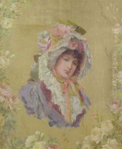 A Young Beauty In A Guirland Of Flowers Against A Gold Background by Georges Jules Auguste Cain