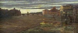 Italienische Stadt An Einem Breiten Flus In Der Abenddammerung by Gerolamo Cairati