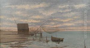 Fischerhutte Am Landungssteg In Abendlicher Kustenlandschaft by Gerolamo Cairati