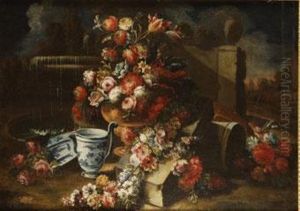 Jarron De Flores Con Guirnaldas Junto A Una Fuente En Un Jardin by Francesco Antonio Altobello